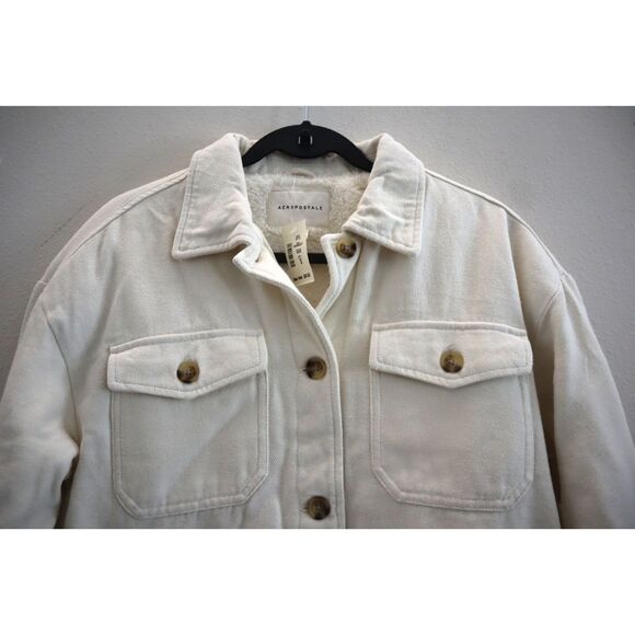 Aeropostale 9569 Women's Sz S Ivory Flannel Sherpa-Lined Shirt Jacket Shacket - Picture 3 of 10
